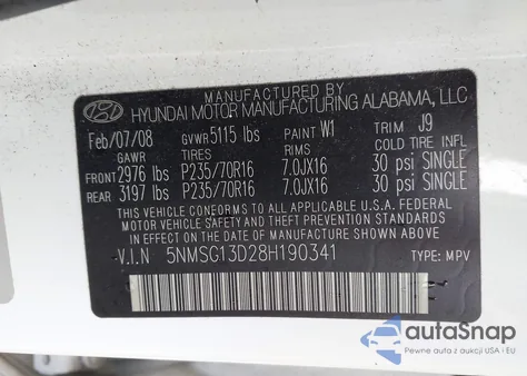 2008 Hyundai Santa Fe Gls z USA, uszkodzony, nr VIN 5NMSG13D28H190341